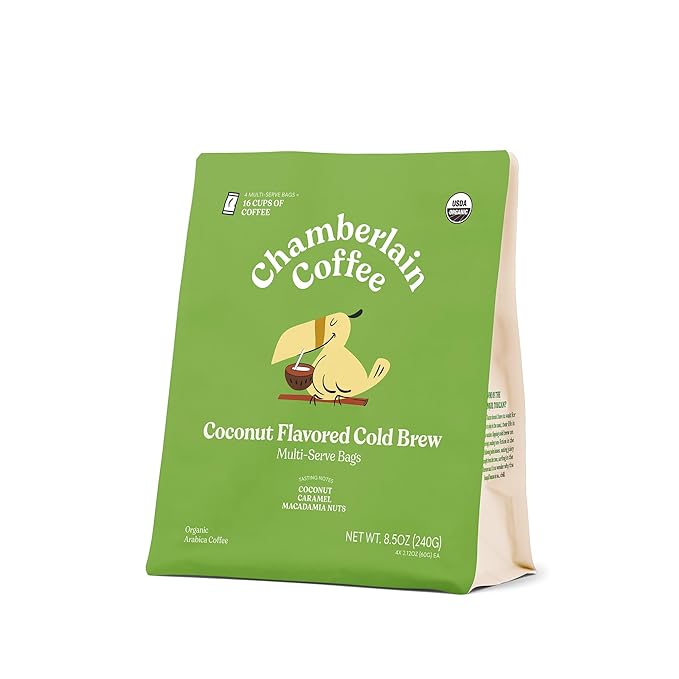 Chamberlain Coffee Coconut XL Cold Brew Bags – Premeasured, Ready to Brew Coffee Packs – Contains 4 XL Cold Brew Bags, Makes 4 Cups of Coffee Per Bag – 16 Servings