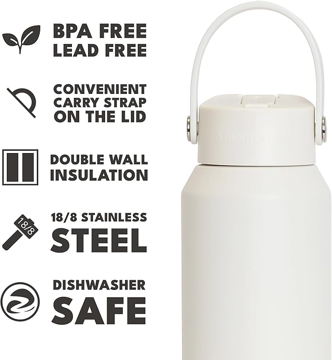 Elemental 40oz Insulated Water Bottle with Straw - 100% Leak-Proof Stainless Steel Core Water Bottles for Travel, Sports and Gym - Double Wall Insulation & BPA Free - White