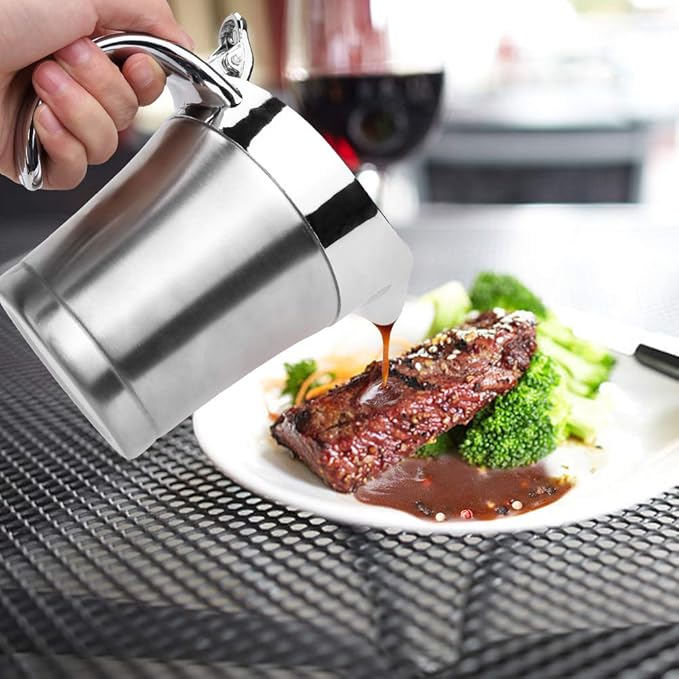 ShineMe Stainless Steel Gravy Boat Sauce Jug with Lid, 16oz Double Wall Insulated for Keeping Sauce Hot, Storage for Gravy or Cream, Apply for Home & Kitchen