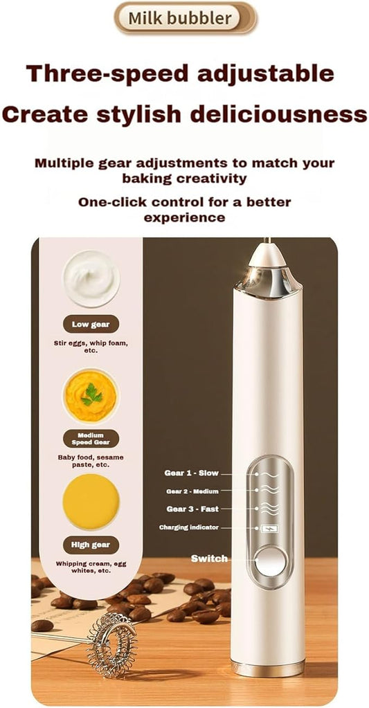 Handheld Milk Frother Wand 3-Speed,Electric Whisk Drink Mixer for Coffee,Milk,Cream,Lattes,Usb Charging with 2 Heads,Coffee Enthusiasts Gift-White