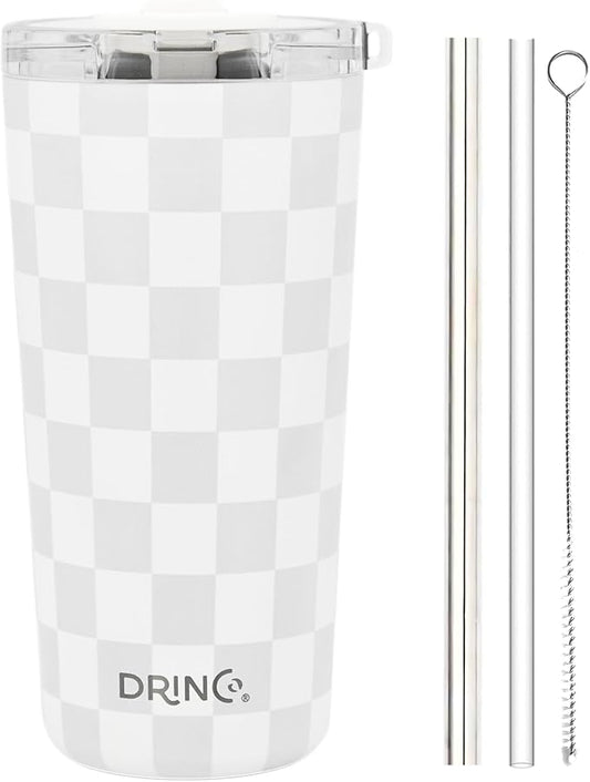 Drinco - 20 oz Stainless Steel Tumbler | Double Walled Vacuum Insulated Mug With Lid, 2 Straws, For Hot & Cold Drinks (20oz Checker)