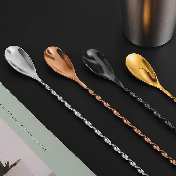 AnSaw Black 12-Inch Stainless Steel Cocktail Spoon with Leaf Handle - Perfect for Mixing & Layering Drinks in Tall Cups, Bar & Shakers - Durable Long Handle Bar Stirrer,2-Pieces