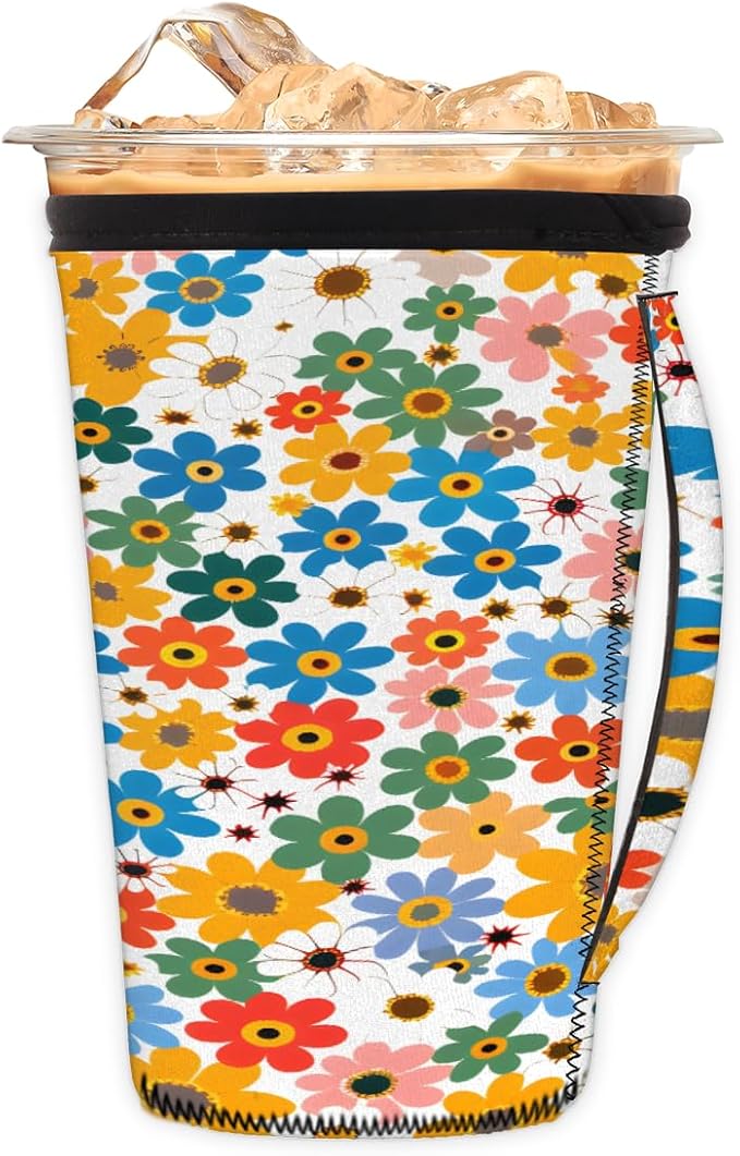Reusable Iced Coffee Cup Sleeve Colorful Blooming Flowers Neoprene Insulated Sleeves Cup Holder with handle Idea for 30oz - 32oz