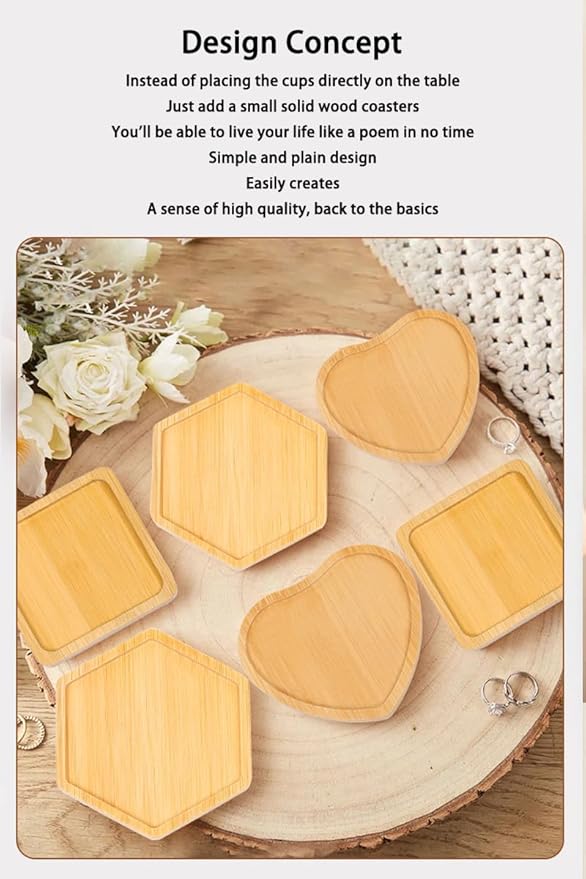 Wood Coasters Set of 4 - Handcrafted Drink Coaster Thick Heat-Resistant for Office, Bar, Farmhouse - Natural Bamboo Drink Unique Cup Coasters for Table Protection (Heart-Shaped)