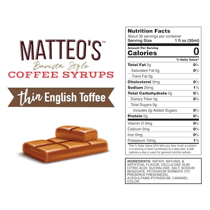 Matteo's English Toffee Syrup for Coffee, Lattes, Cappuccinos & Desserts – Sugar-Free Sweetener for Beverages, Keto Friendly, Zero Calories, Indulgent Flavor, Non-Alcoholic, 33.8oz (6pk)