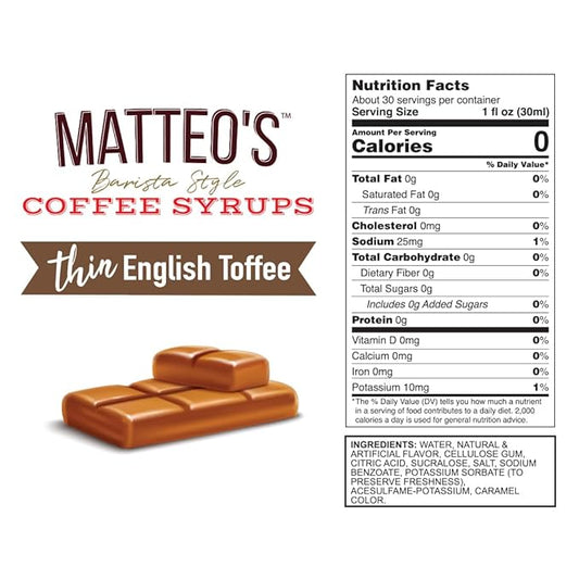Matteo's English Toffee Syrup for Coffee, Lattes, Cappuccinos & Desserts – Sugar-Free Sweetener for Beverages, Keto Friendly, Zero Calories, Indulgent Flavor, Non-Alcoholic, 33.8oz (6pk)