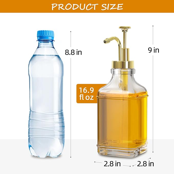 Coffee Bar Accessories, Coffee Syrup Dispenser 16.9 fl oz/500ml, Glass Syrup Dispenser with Gold Pump Dispenser, Labels, Spoons for Coffee Bar, 4 Pack