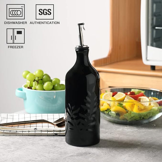 Sweejar 20 Oz Ceramic Oil Dispenser Bottle, Relief Opaque Oil Cruet, Suitable for Storage Oil, Vinegar, Soy Sauce, Coffee Syrup, Liquids, Set of 1 (Black)