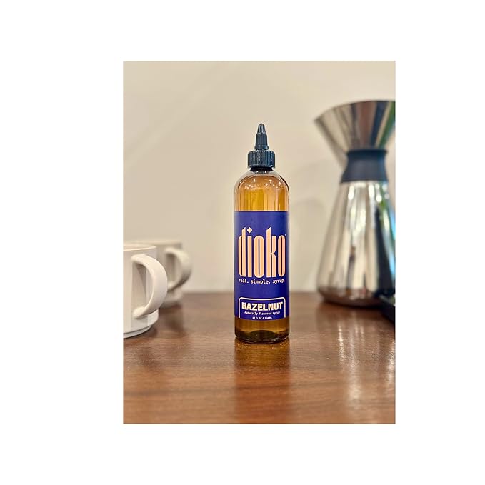 Dioko Simple Syrup, 12 fl. oz Premium Coffee & Dessert Syrup with Easy Pour Spout | No Artificial Dyes or Colors | Perfect for Lattes, Iced Coffee, Cocktails, Pancakes & More (Hazelnut)