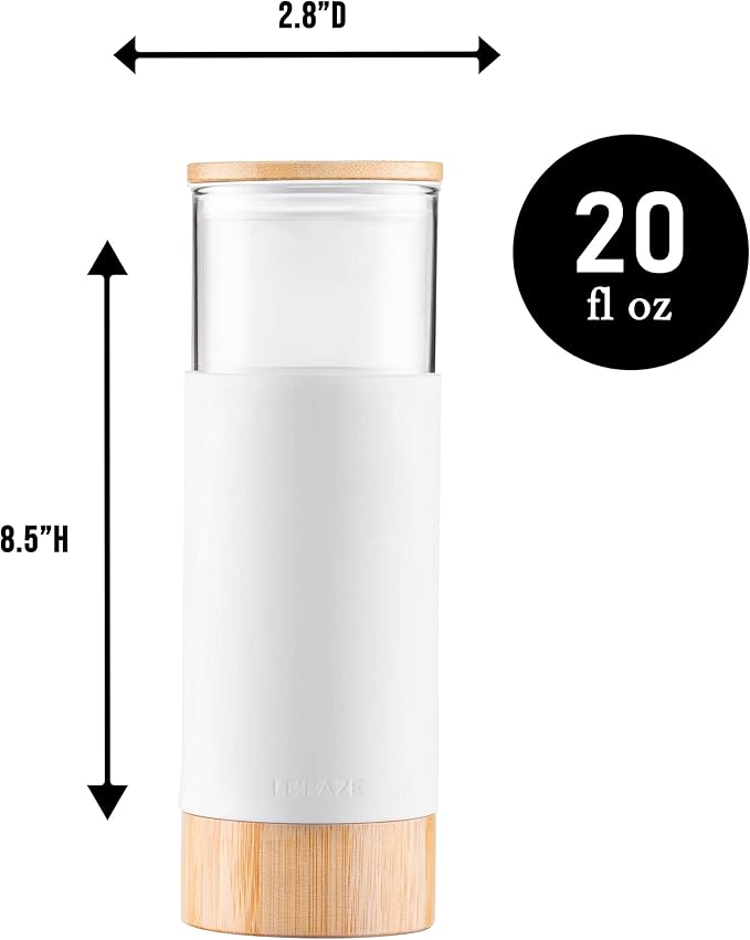 Premium 20oz Glass Tumbler Cup with Straw and Bamboo Lid & Base with Protective Silicone Sleeve - BPA Free - Growler Water Bottle Reusable Drinking Glasses Cup for Iced Tea, Coffee, Smoothie - White