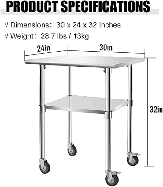 Stainless Steel Table - Metal Table Cart - Commercial Workbench with Caster Wheel - NSF Certified - for Restaurant, Warehouse, Home, Kitchen, Garage,30''x24''