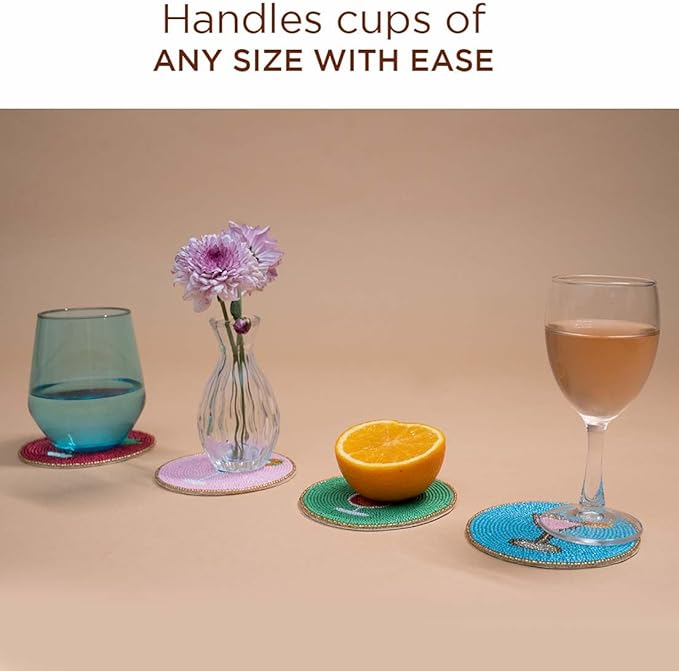 Folkulture Boho Coaster Set of 4 | 4" Round Decorative Drink Mats or Cocktail Coasters for Coffee Table & Farmhouse Decor | Cute & Stylish Table Accessories for Cups, Wine Glasses, Bar, Party or Gift