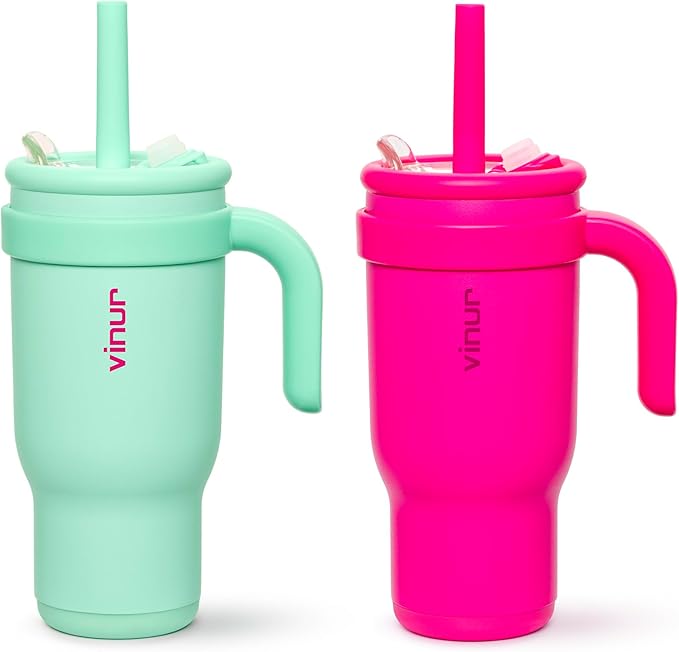 VINUR Kids 17 oz Tumbler with Handle and Straw Lid-2 Pack Stainless Steel Insulated Tumbler Travel Water Cup with Rubber Base-Cup Holder Friendly (Teal-Rose Pink)