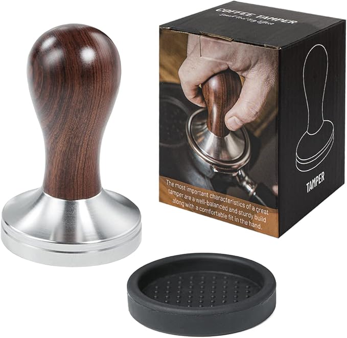 USEAMIE Coffee Tamper Espresso Press with Tamper Mat 304 Stainless Steel Flat Base Wooden Handle for Coffee Grounds Barista Espresso Machines Accessory (51MM)