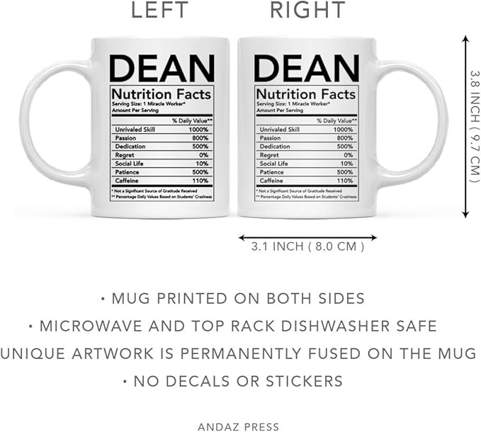 Andaz Press Funny 11oz. Ceramic Coffee Tea Mug Thank You Gift, Dean Nutritional Facts, 1-Pack School Dean Gifts Dean Coffee Mug Dean Of Students Gifts Dean Cup Academic Dean Gift