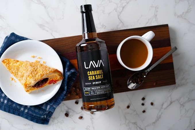 LAVA Premium Salted Caramel Syrup, Sea Salt Caramel Coffee Sweetener, 33.8oz (1-Liter), Made with 100% Sugar, No Artificial Sweeteners, Flavors, or Colors. (1-Pack)