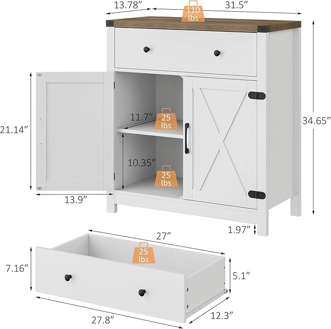 Coffee Bar Kitchen Storage Cabinet,Sideboard Buffet with Storage,Farmhouse Bar Door Kitchen Cabinet with Drawer and Adjustable Shlef, White,(13.8" D x 31.5" W x 34.65" H inch