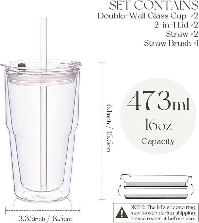 16oz Clear Double Wall Drinking Glass Cups with Lids and Straws, 2 Pc Set – Condensation Resistant Insulated Glass Can Tumblers for Cold Drinks,Iced Coffee,Tea,Juice and Mixed Drinks Cleaning Brush