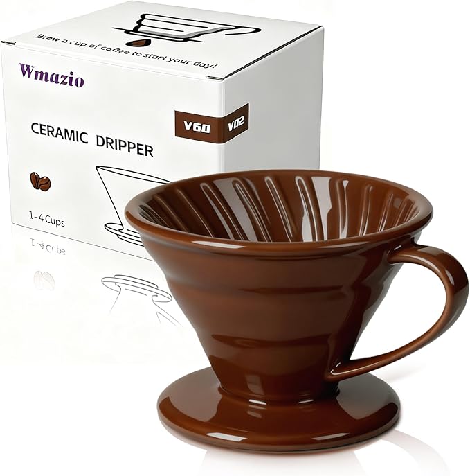 Pour Over Coffee Dripper - Ceramic Cup, Pour Over Coffee Maker Cone, Porcelain Cone, Easy Manual Brew Maker - Strong Flavor Brewer for Home, Cafe, Office - 1-4Cup, V60 Size 02 (Brown)