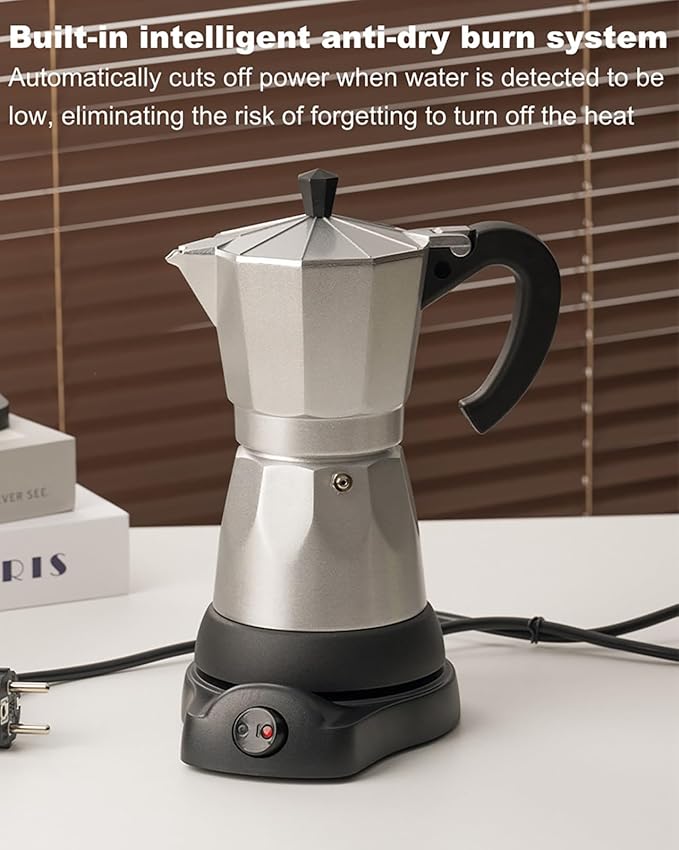 Electric Moka Pot, Aluminum Espresso Coffee Pot, 6 Cup Italian Coffee Maker with Detachable Base, Portable Electric Coffee Maker for Home & Travel