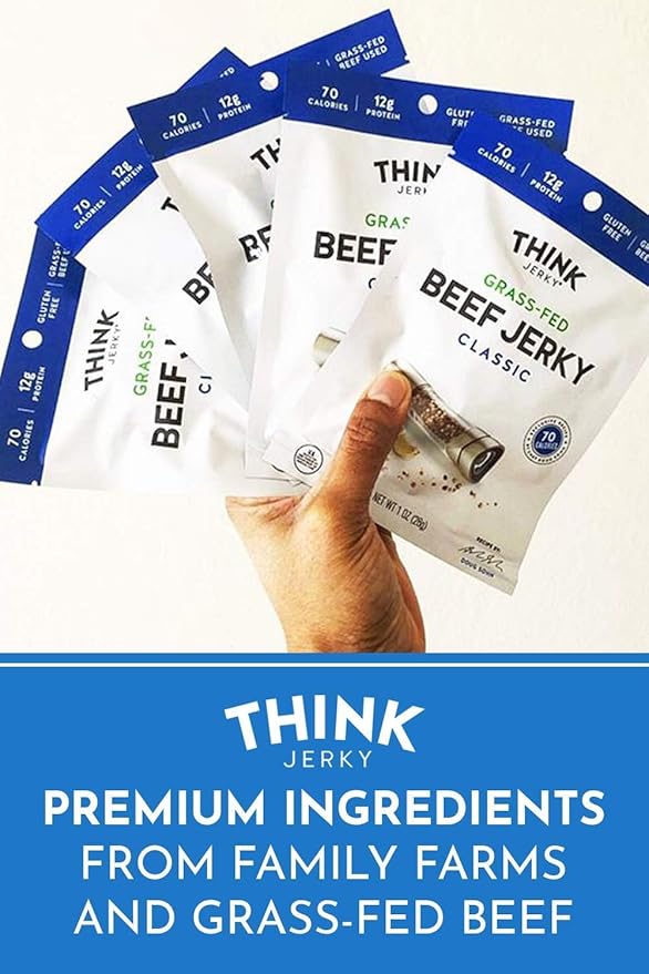 Think Jerky Classic Beef Jerky, Grass-Fed High Protein Beef Jerky, Gluten Free, No Antibiotics or Nitrates, Healthy Chef Crafted Recipe, Low Calorie and Low Fat - 2.2 oz Bags, 4 Pack