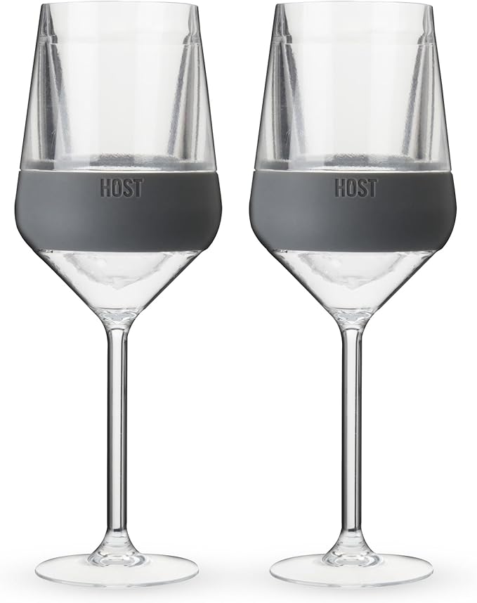 Host Wine Freeze Double-Walled Stemmed Wine Glasses Freezer Cooling Cups with Active Cooling Gel and Insulated Silicone Grip, 6.5 Oz Plastic Tumblers, Gray, Set of 2