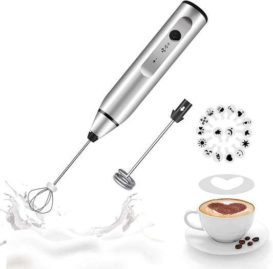 Milk Frother Handheld, Gbivbe Rechargeable Whisk Drink Mixer for Coffee with Art Stencils, Coffee Mixer for Cappuccino, Hot Chocolate Match, Frappe, Hot Chocolate, Egg Whisk