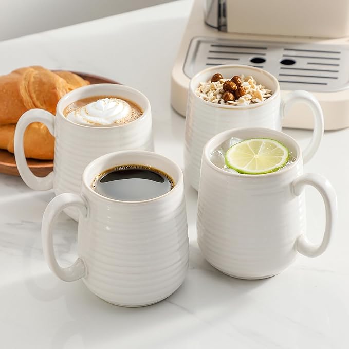MEKY Coffee Mugs,15oz Ceramic Coffee Cups for Hot Tea, Cappuccino, Latte, Cocoa, Milk, Mug Set for Women and Men as Holiday Gifts, Dishwasher and Microwave Safe, Set for 4, Arctic White