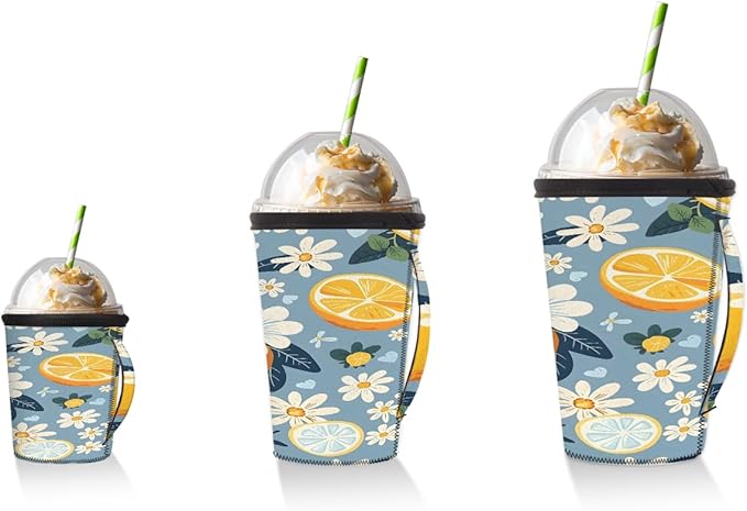 Reusable Iced Coffee Cup Sleeve Daisy Lemon Neoprene Insulated Sleeves Cup Holder with handle Idea for 30oz - 32oz