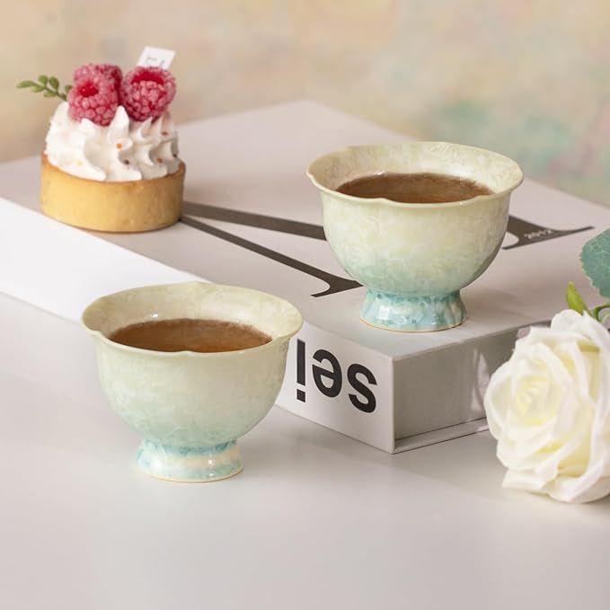 KAMMAK Ceramic Tea & Coffee Cups Set of 2 - Vintage Crystalline Glaze Espresso Mugs, 2.8oz Hand Painted for Afternoon Tea or Coffee, Birthday Gift for Women Men, Yellow-Green Gradient