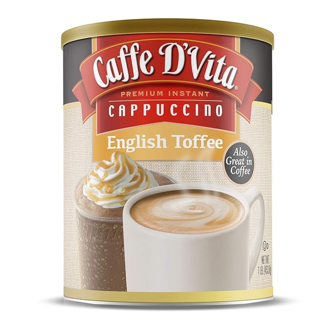 Caffe Da'Vita English Toffee Cappuccino Mix - Instant Cappuccino Mix, Gluten Free, No Cholesterol, No Hydrogenated Oils, No Trans Fat, 99% Caffeine Free, Flavored Instant Coffee - 1 Lb Can