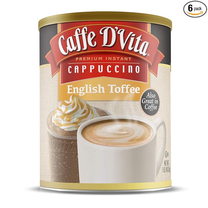 Caffe D’Vita English Toffee Cappuccino Mix - Instant Cappuccino Mix, Gluten Free, No Cholesterol, No Hydrogenated Oils, No Trans Fat, 99% Caffeine Free, Flavored Instant Coffee - 1 Lb Can, 6-Pack