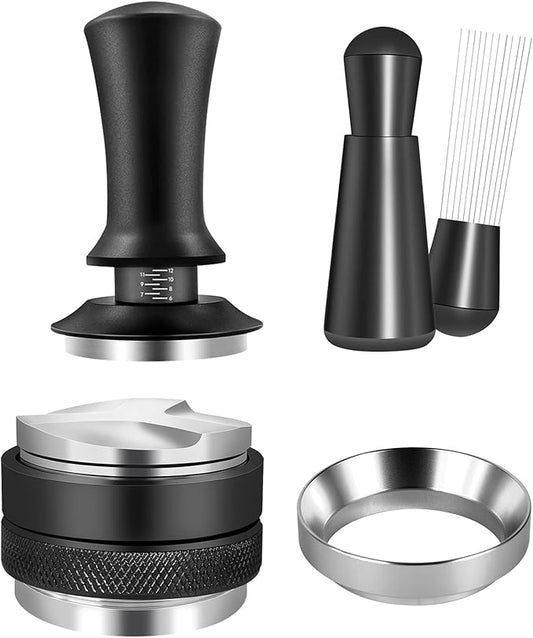 Premium 51mm Espresso Distribution Tool Set,Professional Barista Kit with Calibrated Tamper, Dosing Funnel, Spring Loaded Design,Black and Silver
