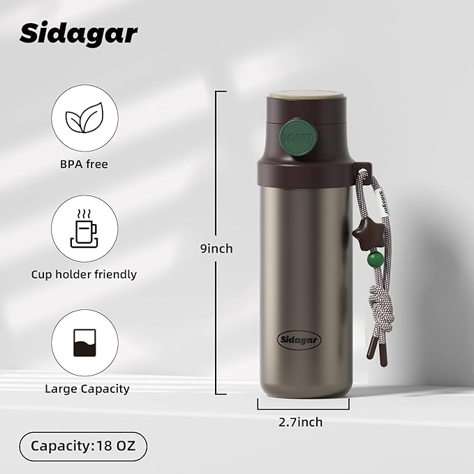 18 oz Insulated Water Bottle, Stainless Steel Travel Mug with Lid, Double Wall Vacuum Sports Water Bottle, BPA Free, Leak-Proof, Fits in Car Cup Holder, Great for Men Kid School, Brown