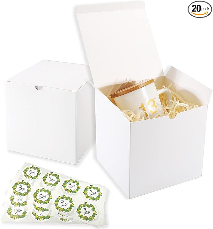 Frantis White Gift Boxes, 20 Pack 5x5x5 inch Small Gift Box with Lids for Wedding, Christmas, Ornaments, Bridesmaid Box for Gifts, Easy to Assemble Includes 24 Thank You Stickers