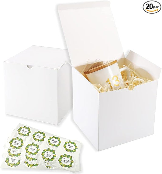 Frantis White Gift Boxes, 20 Pack 5x5x5 inch Small Gift Box with Lids for Wedding, Christmas, Ornaments, Bridesmaid Box for Gifts, Easy to Assemble Includes 24 Thank You Stickers
