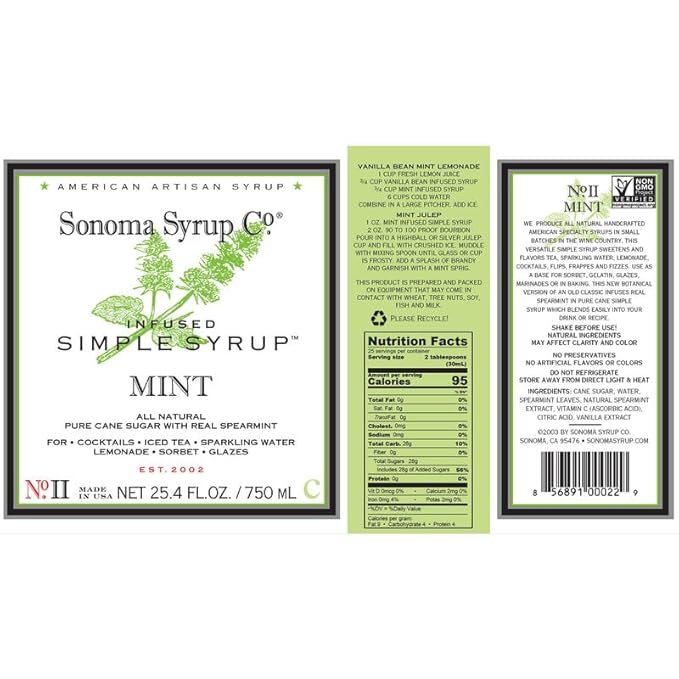 Sonoma Syrup Co. Mint Infused Simple Syrup 25.4 fl oz | for Coffee, Cocktails, and Cooking | Hand Crafted in the USA