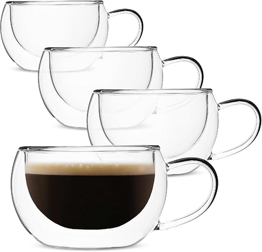 BTaT- Double Walled Glass Coffee Mugs, 9 oz, Set of 4, Glass Coffee Cups with Handle, Insulated Clear Coffee Mug for Hot and Cold Beverages, Cappuccino, Latte, Tea, Americano, Microwave Safe