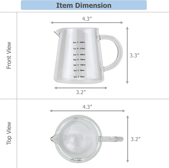 EIKS 2 Pack Glass Creamer Pitcher with Handle and Measurement Scale for Serving Coffee Milk Cream Tea Beverage Sauce Jam dressings (Capacity 240ml / 8oz)