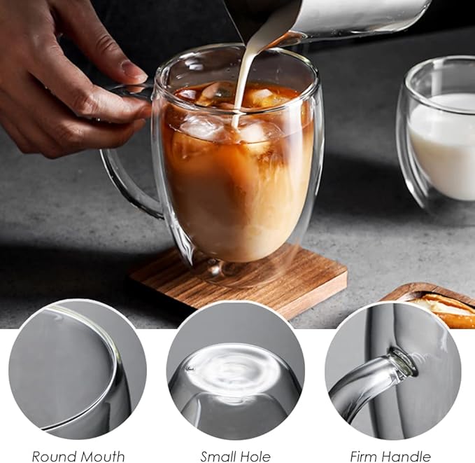 12oz Double Walled Glass Coffee Mugs with Handle, Clear Cappuccino Glass Mug Set of 4, Insulated Layer Coffee Cups, Clear Borosilicate Glass Mugs, Glasses Espresso Mugs for Coffee