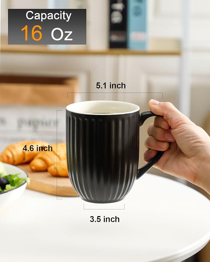 HASENSE Coffee Mugs Set of 6, 16 Oz Large Ceramic Ribbed Latte Cups with Big Handle for Coffee, Tea and Cocoa, Modern Design & Light Weight, Microwave & Dishwasher Safe, Black