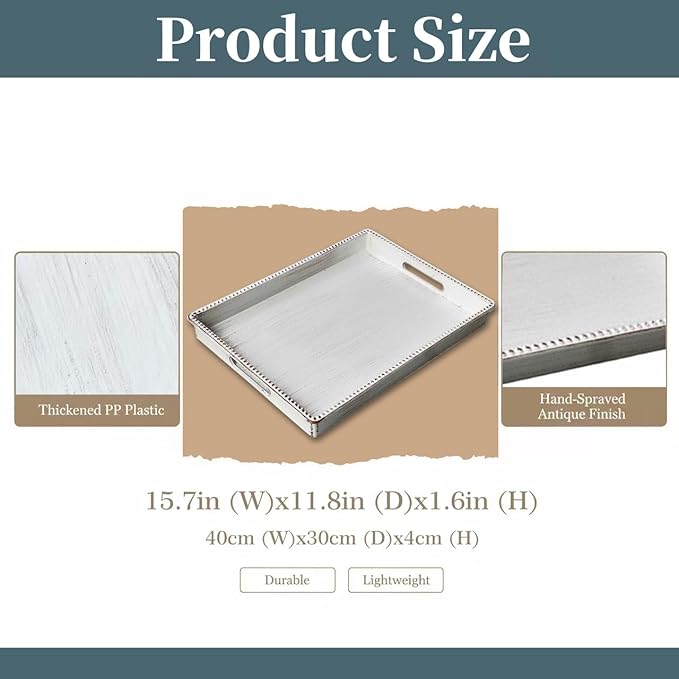 Zosenley Decorative Tray, Rectangular Plastic Tray with Handles, Modern Vanity Tray and Serving Tray for Bathroom, Kitchen, Ottoman and Coffee Table, 15.6” x 10.2” (Retro White)