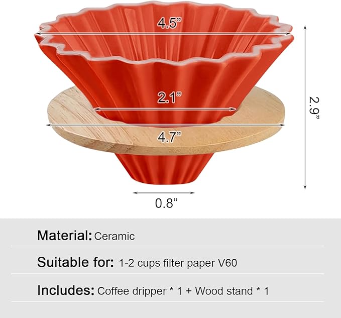 Ceramic Coffee Dripper with Wood Cup Stand Pour Over Coffee Maker Elegant Flower-shape V60 Strainer for 1-2 Cups Slow Brewing Accessories for Home Coffee Shops Restaurants Red