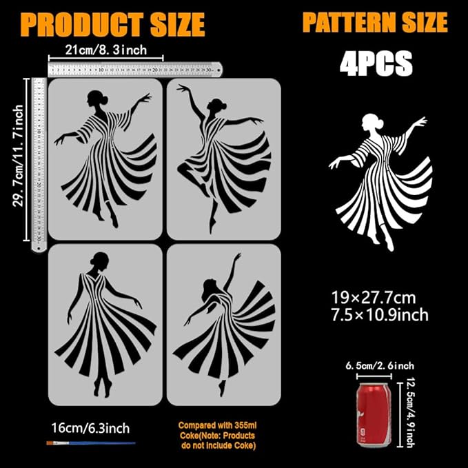 FINGERINSPIRE 4 Pcs Line Dance Figure Painting Stencil with Paintbrush 11.7x8.3inch Reusable Dancers Silhouette Stencil Reusable Plastic Template for Wood Wall Furniture Home Gift Decoration