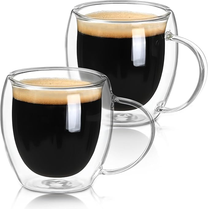 Double Walled Glass Coffee Mugs 5 oz,Espresso Cups Set of 2, Clear Insulated Glass Coffee Cups, Expresso Shots Cup with Handle, Clear Coffee Mug, Espresso Shot Cups, Glass Cups