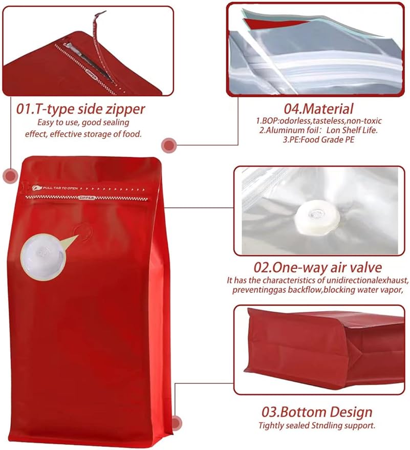 Coffee Bags with Valve(12 oz,3/4 lb,50pcs) Red High Barrier Aluminumed Foil Flat Bottom Heat Sealed Packaging Bags Side Zipper Resealable Bags for Home or Business