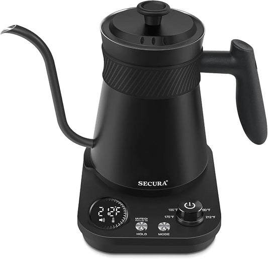 Secura Electric Gooseneck Kettle, 5 Variable Presets for Coffee Tea Brewing, 100% Stainless Steel Inner Tea/Coffee Kettle with 1.5H Keep Warm, 1200 Watt Quick Heating Pot, 0.8L, Matt Black