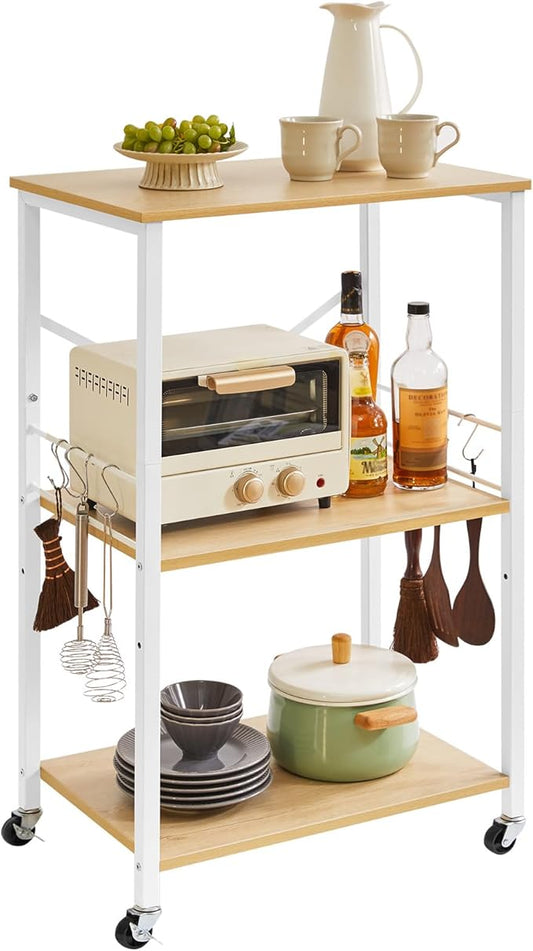IBUYKE Kitchen Shelf Cart, 3-Tier Microwave Oven Stand, Baker’s Rack with Metal Frame and 8 Hooks, Industrial Printer Stand, Utility Standing Storage Shelf for Coffee Bar, Simple Assembly, TMJ023R