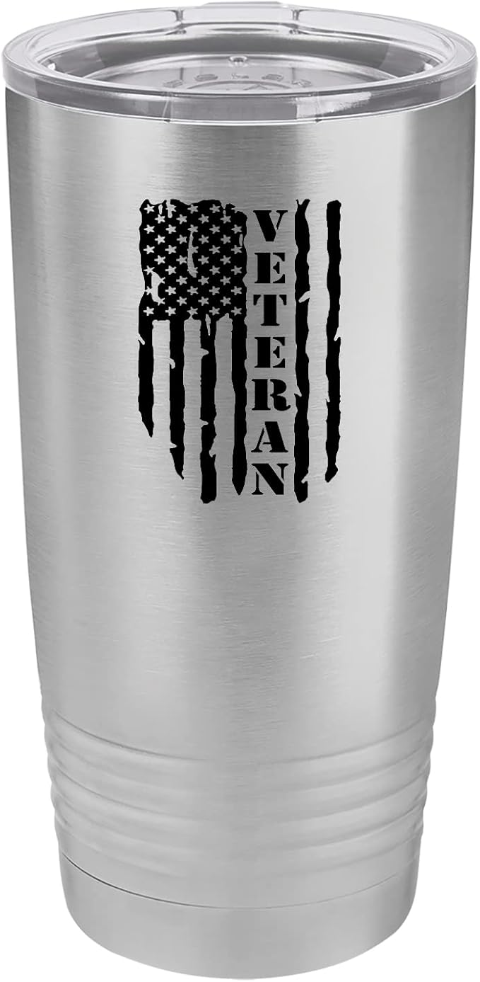 Rogue River Tactical USA Flag Veteran 20 Oz. Travel Tumbler Mug Cup w/Lid Vacuum Insulated Hot or Cold Military Vet Gift (Stainless Steel)