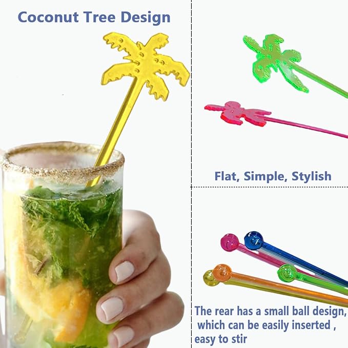 50 Pcs 6.9" Extra-Long Plastic Cocktail Swizzle Sticks, Unique Tropical Design Drink Stirrers Reusable Novelty Swizzle Sticks for Cocktails, Juices, and Party Beverages